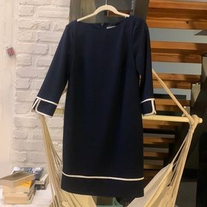 Navy bell sleeve dress, white trim